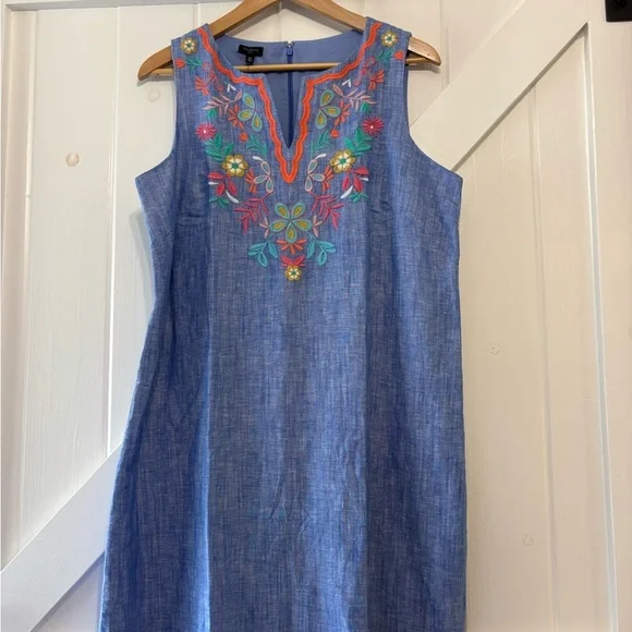 Talbots Linen Blend Embroidered Floral Blue Chambray Sleeveless Shift Dress 16P - Picture 3 of 9